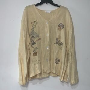 Vintage Lucy & Ezzy sz m/large Pale Yellow Hand Stamped Linen Top and Skirt Set